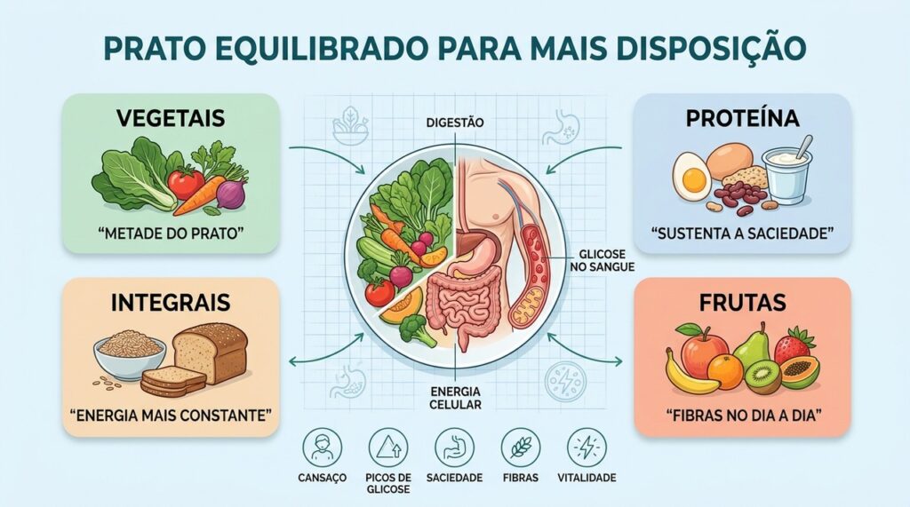 Um prato equilibrado combina vegetais, proteínas, integrais e frutas para manter energia constante.