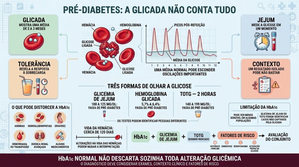 Glicada, jejum e tolerância à glicose avaliam aspectos diferentes do pré-diabetes.