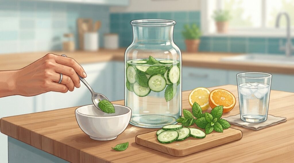 Pressionar levemente a hortelã e deixar pepino e outros ingredientes na água ajuda a intensificar o aroma e o sabor.