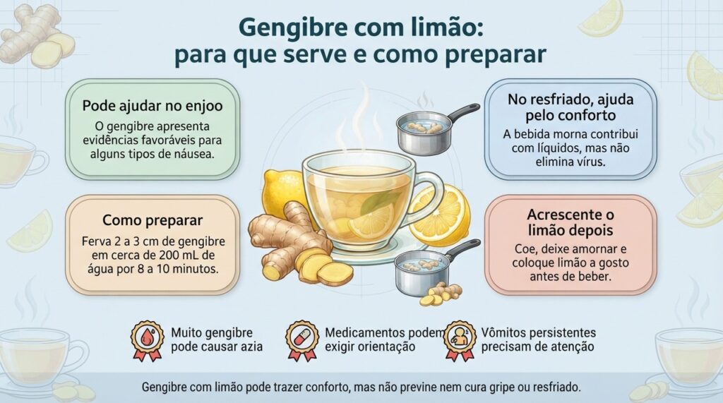 O gengibre tem melhor respaldo para alguns tipos de náusea, enquanto a bebida com limão pode oferecer hidratação e conforto sem substituir tratamento médico.