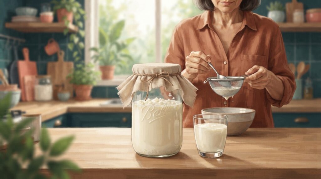 Os grãos de kefir formam uma comunidade de bactérias e leveduras que fermenta o leite.