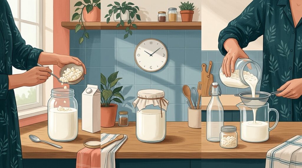 Fazer kefir em casa exige leite adequado, utensílios limpos, tempo de fermentação e refrigeração depois do preparo.