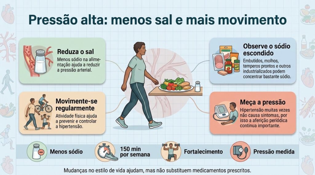 Reduzir sódio, praticar atividade física e medir a pressão regularmente estão entre os principais cuidados contra a hipertensão.