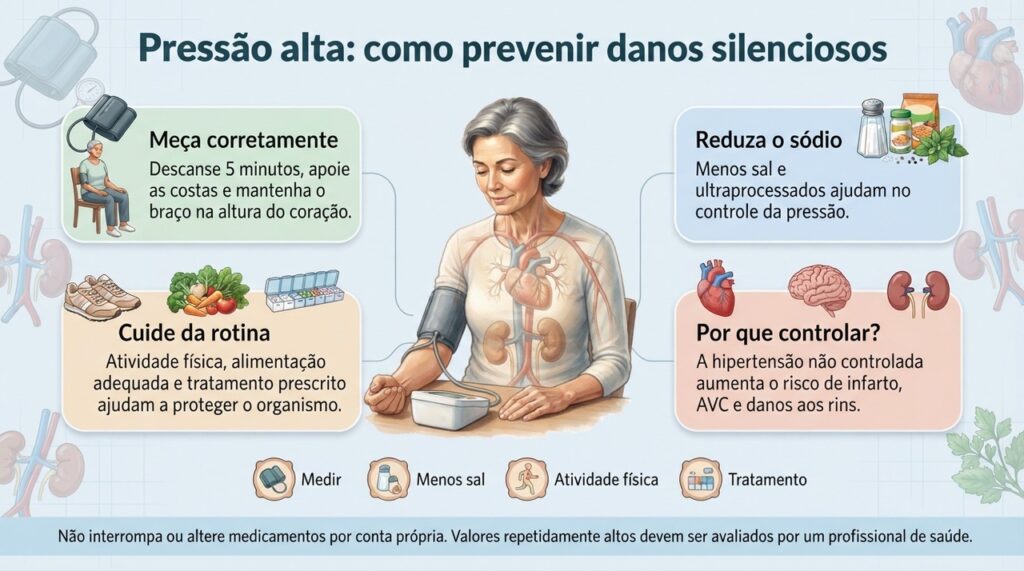 Medição correta, redução do excesso de sal, hábitos saudáveis e tratamento adequado ajudam a prevenir as complicações da hipertensão.