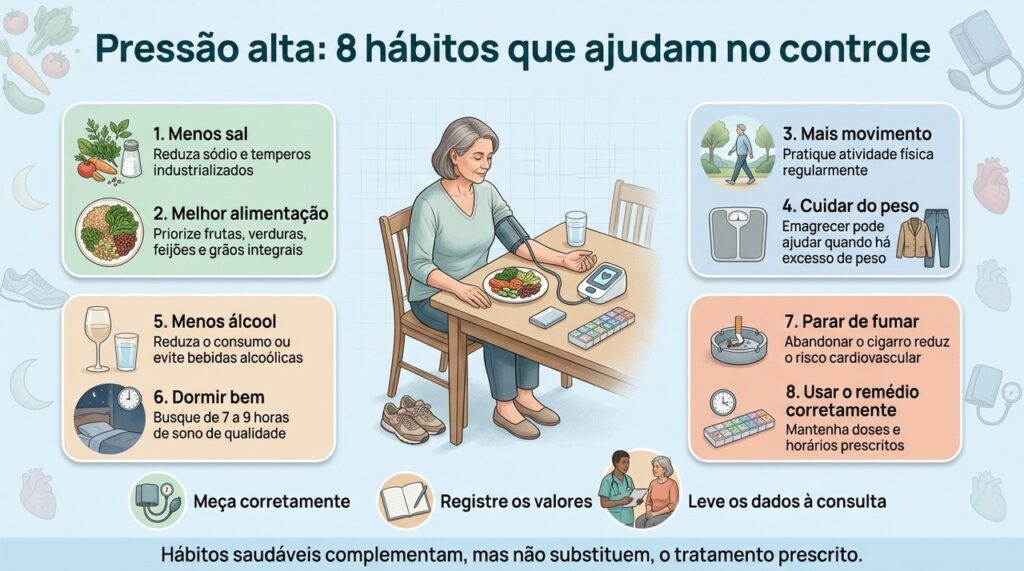O controle da pressão combina alimentação, atividade física, sono, abandono do cigarro e uso correto dos medicamentos.