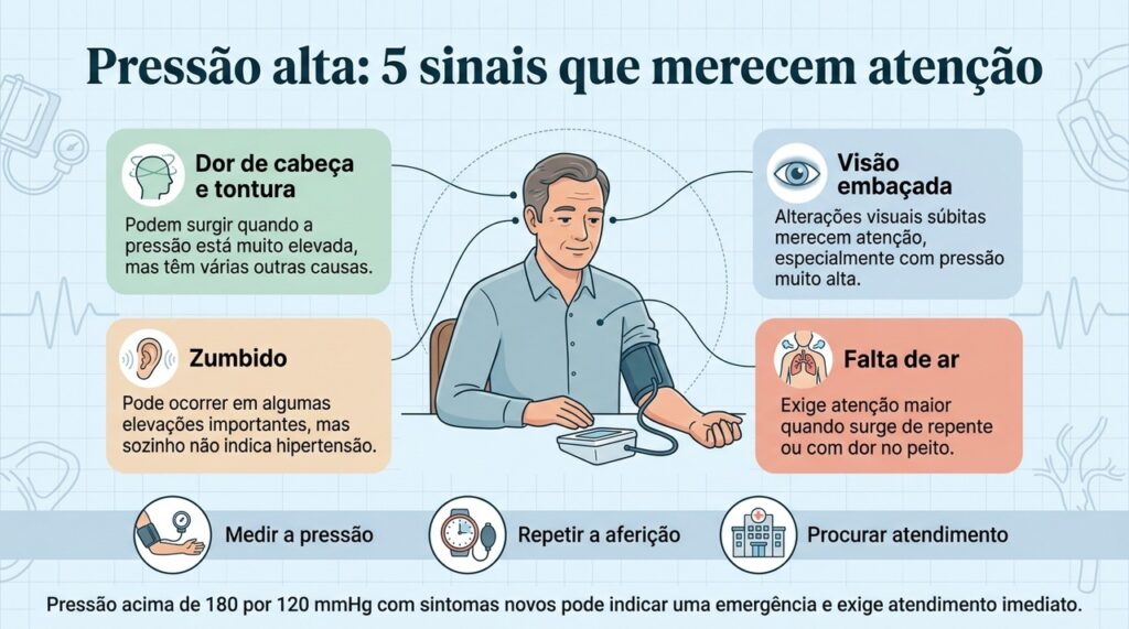 Sintomas podem aparecer quando a pressão sobe muito, mas a hipertensão frequentemente é silenciosa e só é identificada pela aferição.