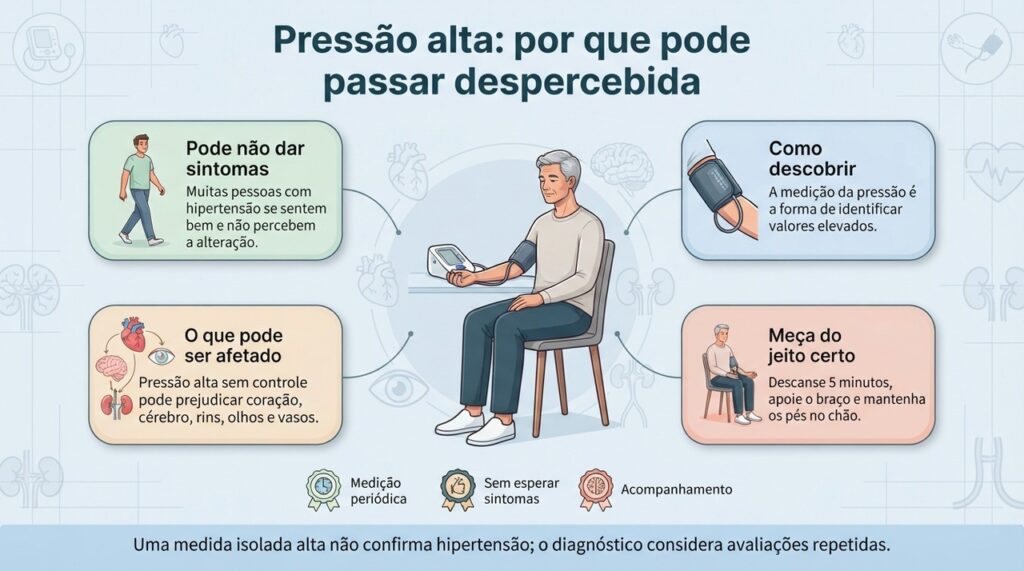 Como a hipertensão geralmente não causa sintomas, medir a pressão regularmente ajuda a identificá-la antes de possíveis complicações.