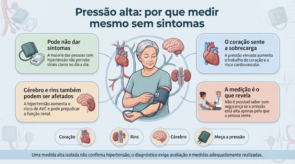 A pressão alta pode afetar coração, rins, cérebro e vasos mesmo sem provocar sintomas perceptíveis.