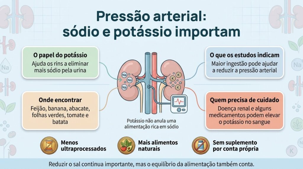 Sódio e potássio participam do equilíbrio que influencia a pressão arterial, mas o aumento de potássio exige cuidado em algumas pessoas.