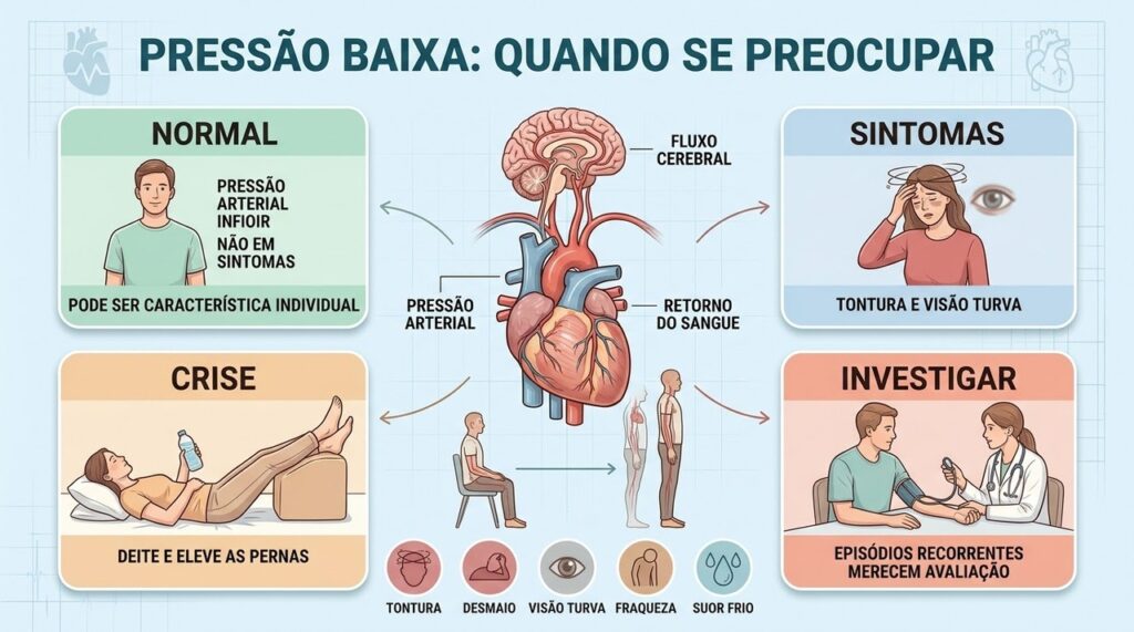 Sintomas, posição corporal e recorrência ajudam a diferenciar pressão baixa normal de hipotensão preocupante.