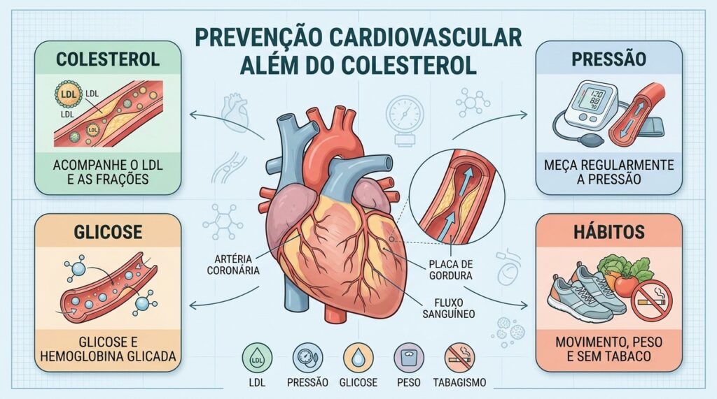 Coração protegido depende do controle conjunto de colesterol, pressão, glicose e hábitos cotidianos.