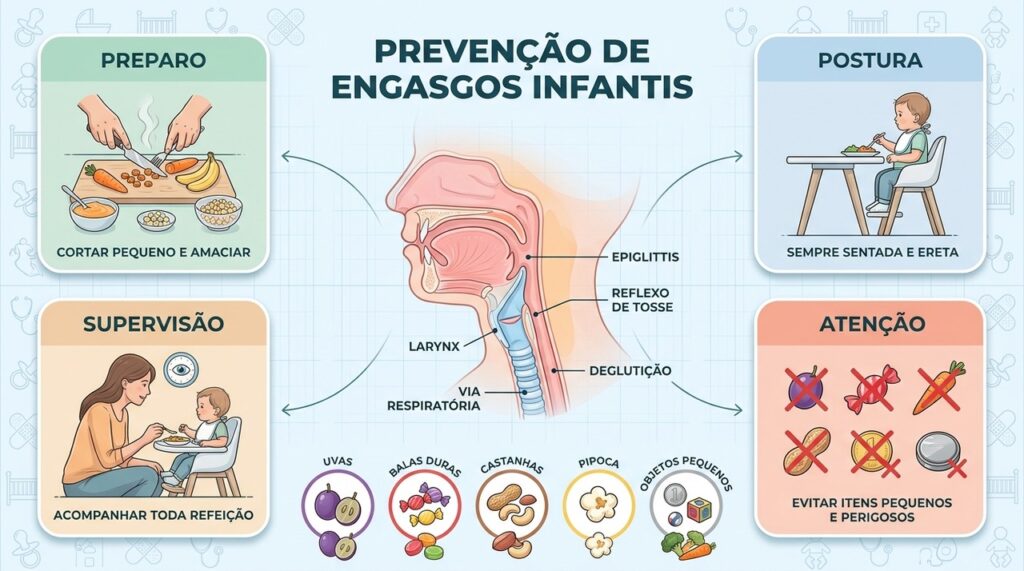Postura ereta, preparo correto dos alimentos e atenção ajudam a prevenir engasgos em crianças pequenas.