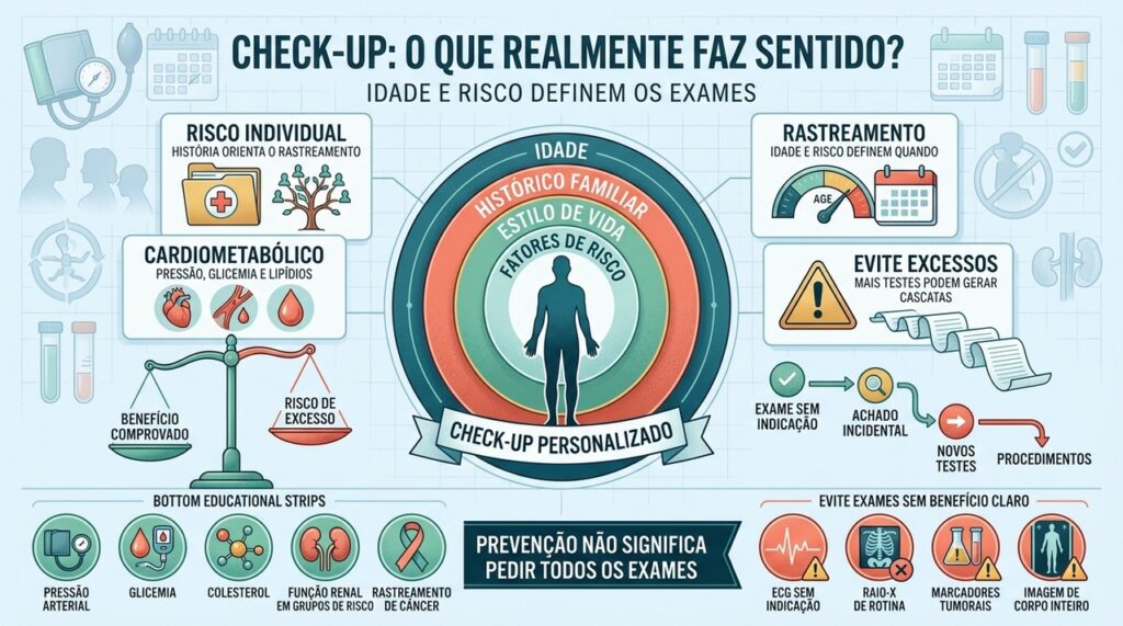 Idade, histórico e fatores de risco orientam quais rastreamentos realmente fazem sentido.