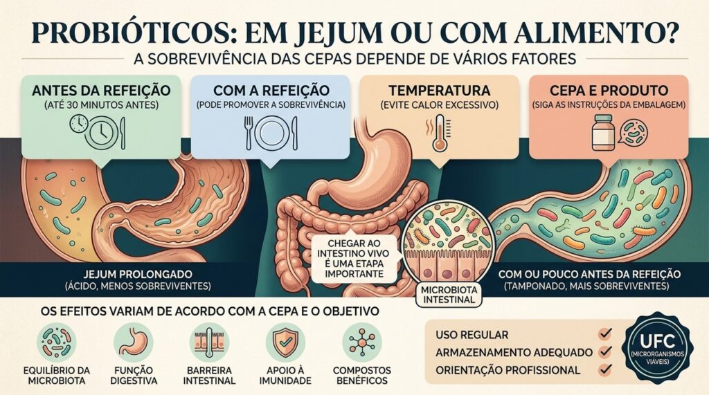 Acidez, refeição, cepa e armazenamento influenciam a chegada dos probióticos ao intestino.