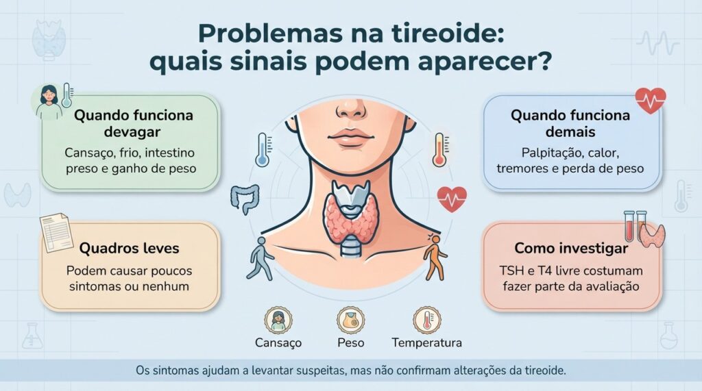 Cansaço, mudanças no peso e sensibilidade ao frio ou calor podem aparecer, mas a confirmação depende de avaliação e exames.