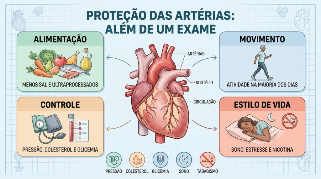 Pressão, colesterol, glicemia, alimentação e hábitos diários protegem as artérias em conjunto.
