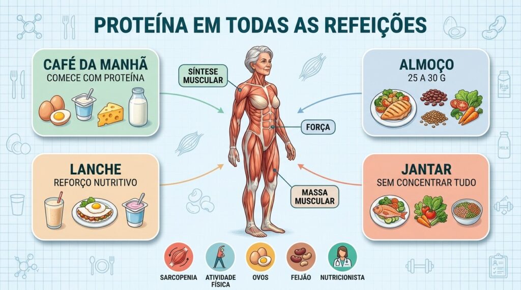 Repartir proteínas entre as refeições potencializa a síntese muscular e reduz a sarcopenia.
