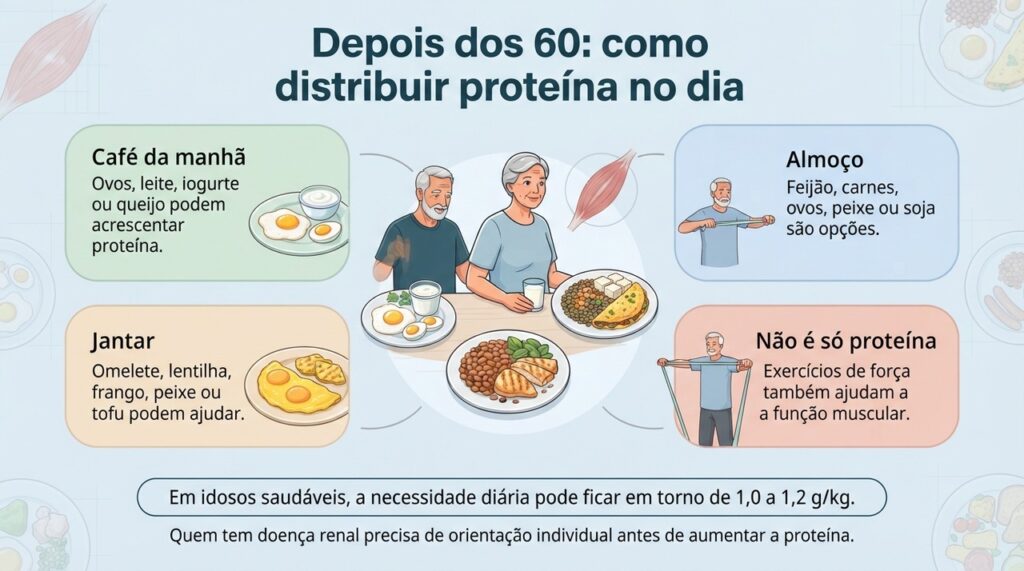 Proteína suficiente, bem distribuída ao longo do dia e associada ao exercício de força pode ajudar a preservar músculos e autonomia.