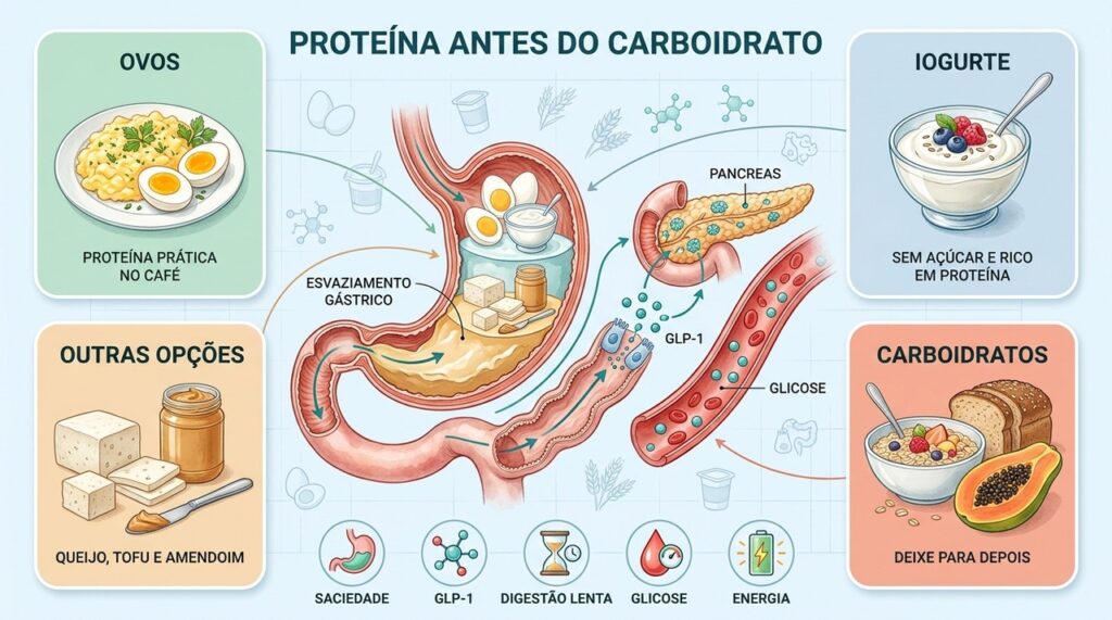 Ovos, iogurte e outras proteínas podem preceder carboidratos no café da manhã.