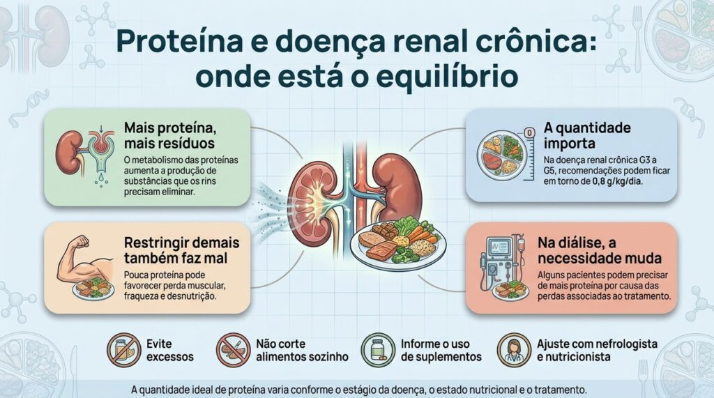 Na doença renal crônica, a ingestão de proteína deve evitar tanto o excesso quanto restrições que comprometam a nutrição.