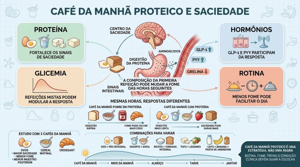 Proteína matinal influencia sinais de saciedade e pode modular o apetite posterior.