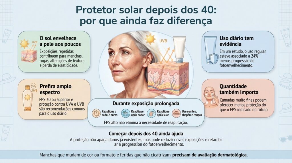 Protetor solar de amplo espectro, em quantidade adequada e com reaplicação, ajuda a limitar o fotoenvelhecimento acumulado da pele.
