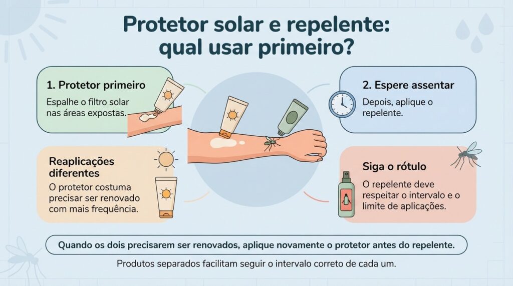 Protetor primeiro, repelente depois e cada produto reaplicado conforme seu próprio intervalo.