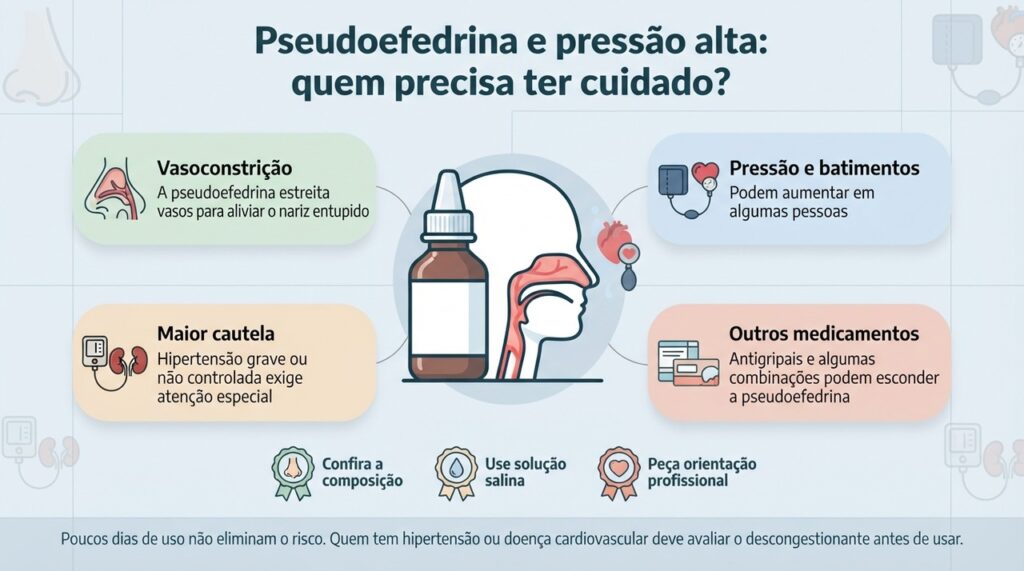 Hipertensão, arritmias e outras doenças cardiovasculares podem tornar o uso de pseudoefedrina mais arriscado.