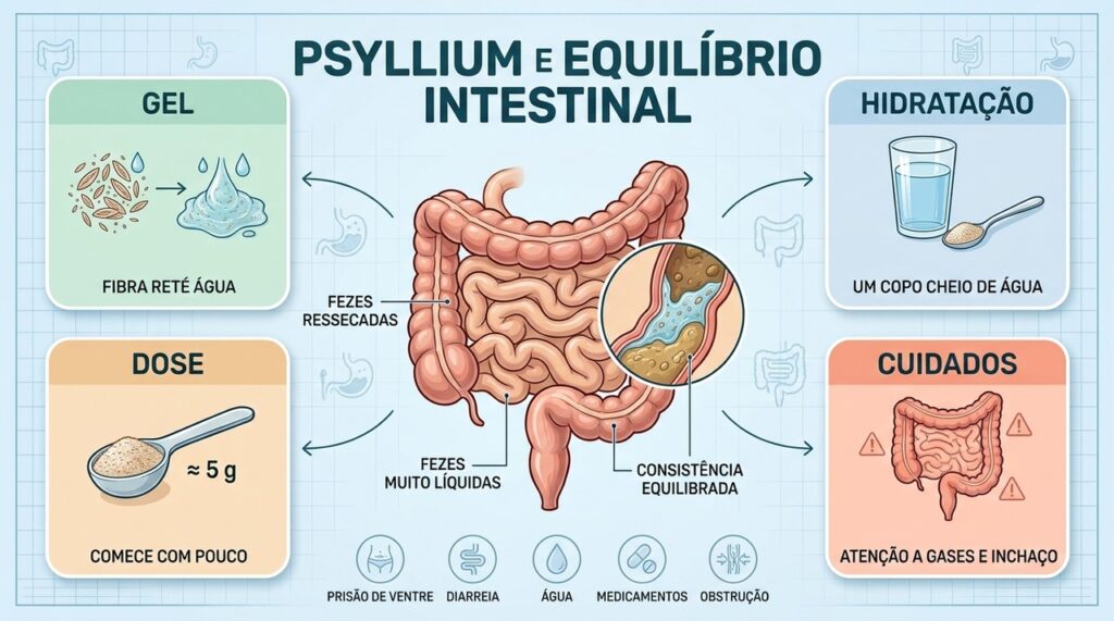 Dose correta, água suficiente e cuidados evitam desconfortos durante o uso do psyllium.