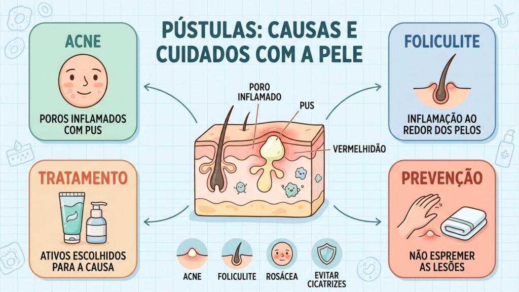 Identificar a causa das pústulas orienta o tratamento e ajuda a prevenir irritação, infecção e marcas.