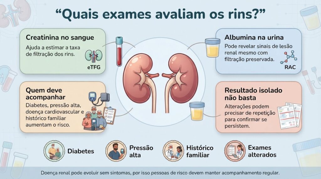Creatinina com eTFG e relação albumina/creatinina na urina são exames complementares na avaliação renal.