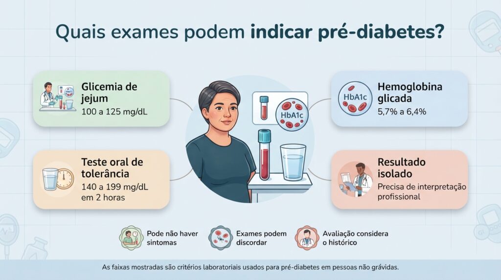 Os exames laboratoriais ajudam a identificar alterações da glicose mesmo quando a pessoa não percebe sintomas.