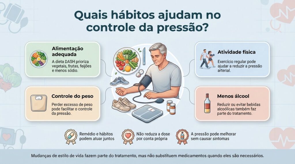 Hábitos saudáveis ajudam no tratamento da hipertensão, mas ajustes nos medicamentos devem ser feitos apenas com orientação profissional.