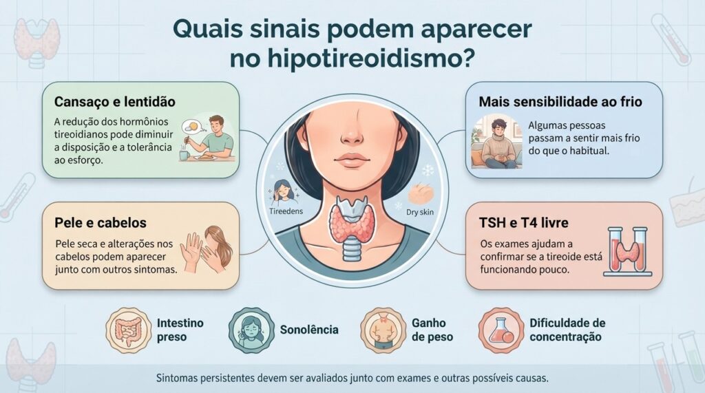 A combinação dos sintomas com TSH e T4 livre ajuda a diferenciar hipotireoidismo de outras causas de cansaço e indisposição.