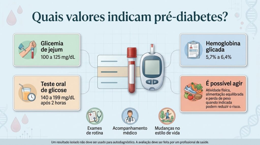 A avaliação do pré-diabetes pode incluir glicemia de jejum, hemoglobina glicada e teste oral de glicose.
