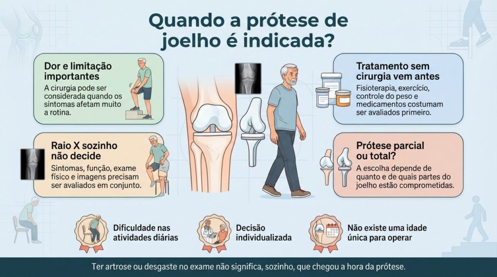 A prótese costuma ser discutida quando dor e perda de função permanecem importantes apesar do tratamento adequado sem cirurgia.
