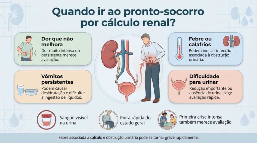 Dor persistente, febre, vômitos ou dificuldade para urinar são sinais de que a crise precisa de avaliação rápida.