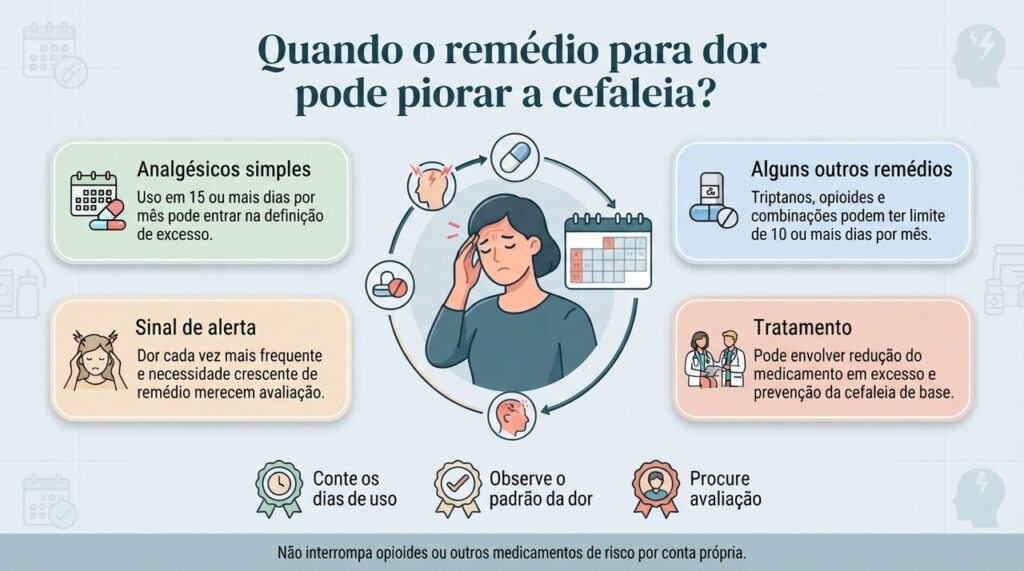 A frequência dos remédios e o padrão da própria dor ajudam a identificar quando pode existir cefaleia por uso excessivo de medicação.
