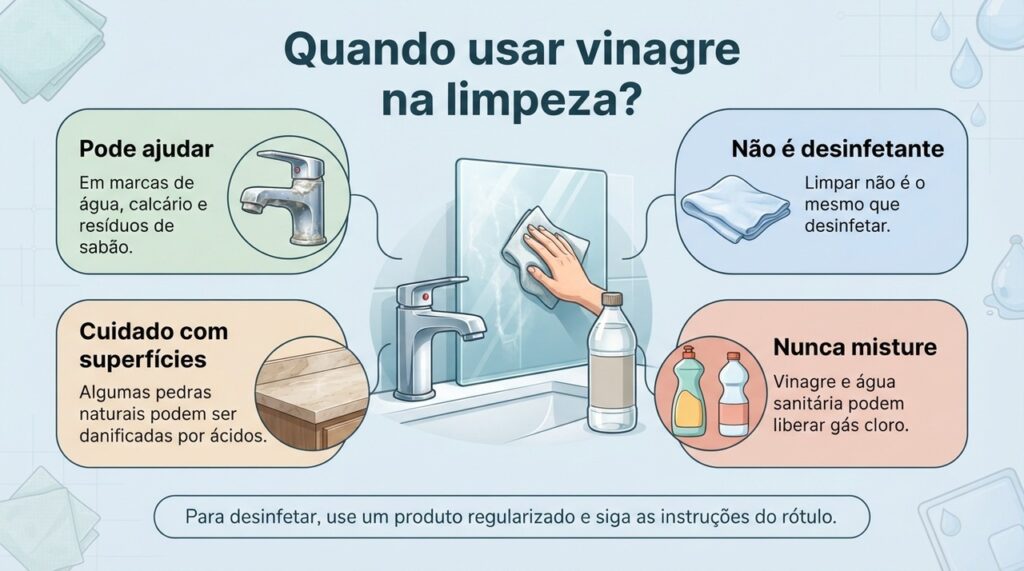 O vinagre pode ajudar em algumas tarefas de limpeza, mas não substitui desinfetantes e nunca deve ser misturado com água sanitária.