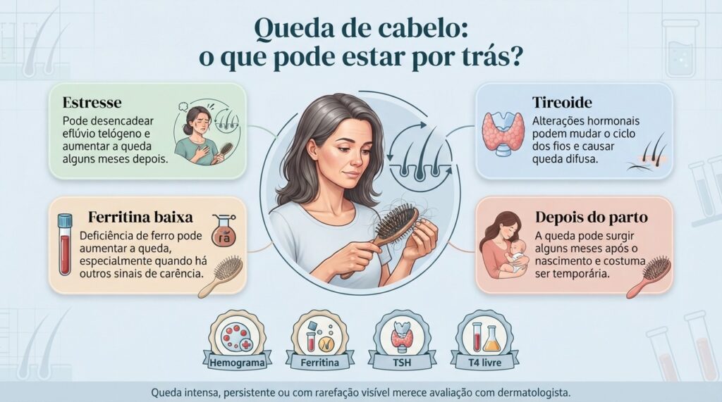 Avaliar o padrão da queda e, quando necessário, exames como ferritina, TSH e T4 livre ajuda a identificar possíveis causas.