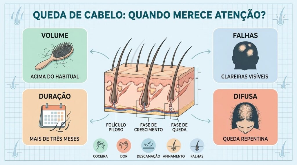 Volume, falhas, duração e padrão ajudam a diferenciar queda natural de alterações persistentes.