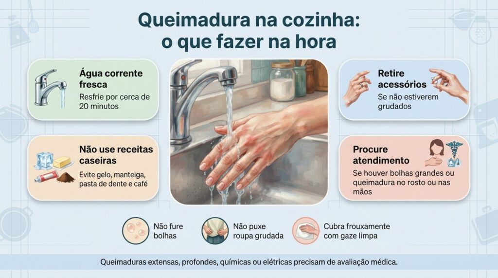Água corrente é a primeira medida; gelo e receitas caseiras podem prejudicar a pele queimada.