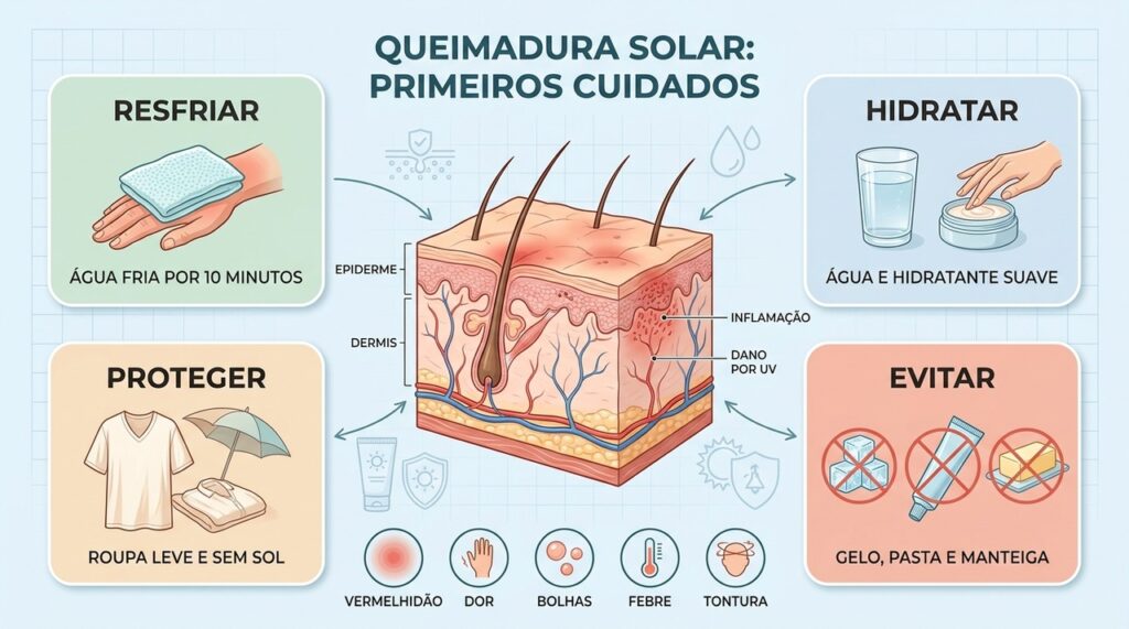 Água fria, hidratação e proteção reduzem desconforto enquanto a pele se recupera da radiação.