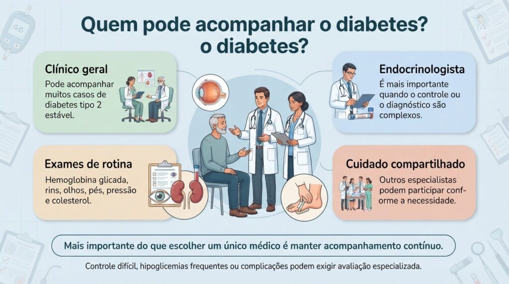O acompanhamento do diabetes pode ser feito pelo clínico geral, endocrinologista e outros profissionais conforme a necessidade de cada caso.