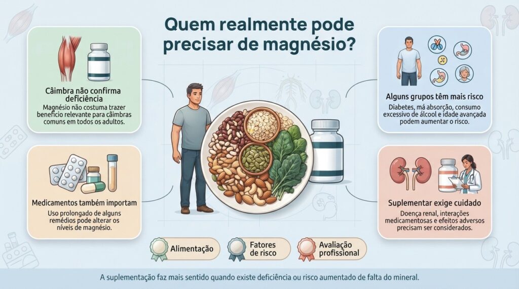 Suplementar magnésio não é necessário para todos e deve considerar alimentação, medicamentos, doenças e função renal.