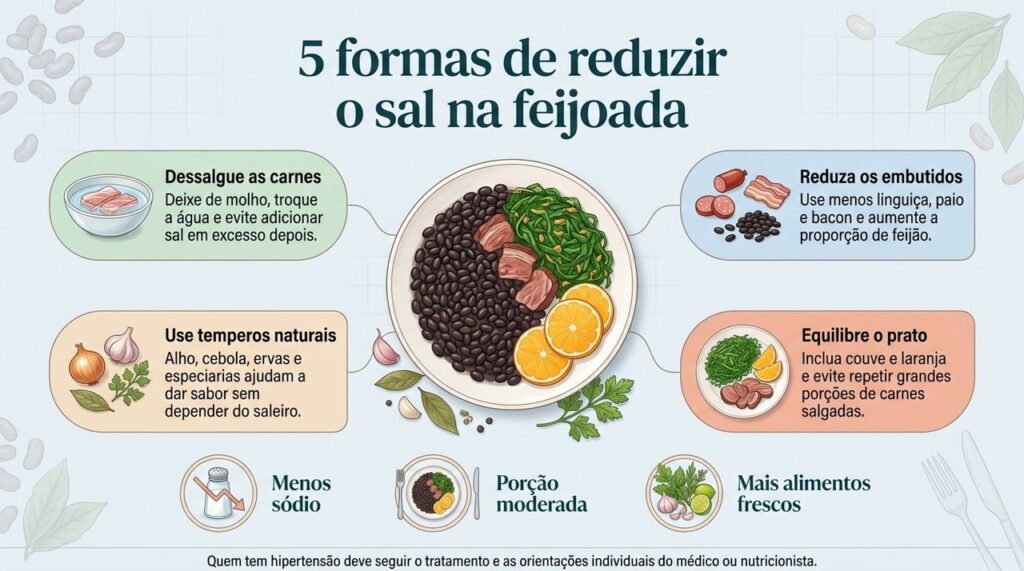 Dessalgar as carnes, reduzir embutidos e equilibrar o prato ajuda a diminuir o excesso de sódio na feijoada.
