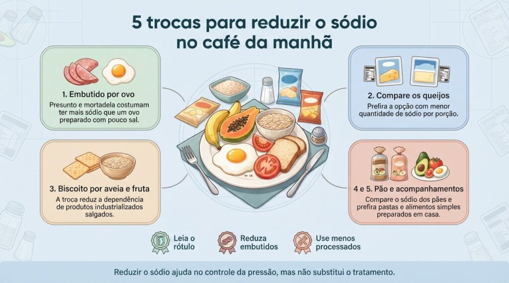 Pequenas substituições no café da manhã podem reduzir o excesso de sódio sem transformar a alimentação em uma lista de proibições.