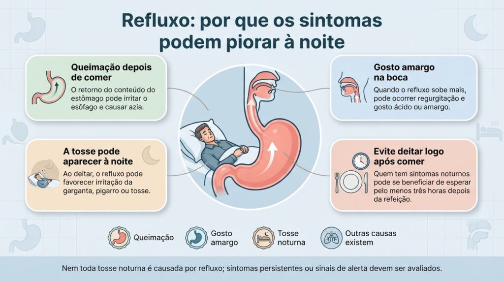 O refluxo pode explicar queimação, gosto amargo e tosse ao deitar, mas outras causas também precisam ser consideradas.