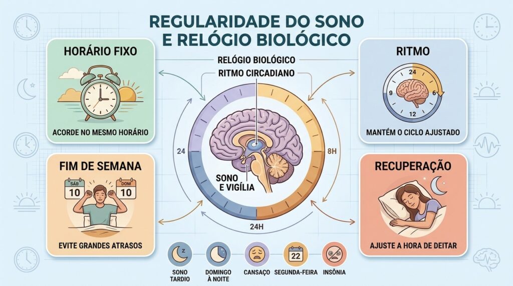 Horário de despertar consistente ajuda a preservar o ritmo circadiano durante toda a semana.