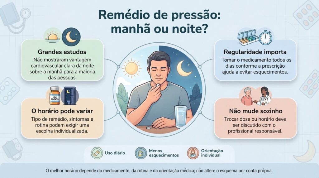 O horário do anti-hipertensivo deve ser individualizado, mas a regularidade e o seguimento da prescrição continuam sendo fundamentais.